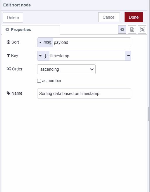 Screenshot of sort node sorting data in ascending order based on timestamp "Screenshot of sort node sorting data in ascending order based on timestamp"