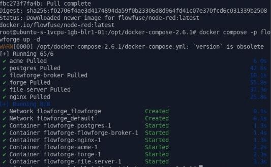 Screenshot of the terminal showing the all containers are running successfully that are required for the flowfuse to run "Screenshot of the terminal showing the all containers are running successfully that are required for the flowfuse to run"