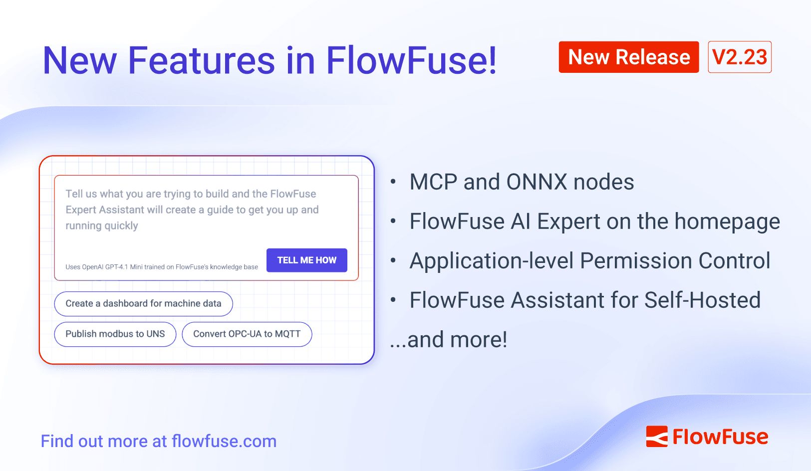 Image representing FlowFuse 2.23: MCP and ONNX nodes, FlowFuse AI Expert on the homepage, Application-level Permission Control, FlowFuse Assistant for Self-Hosted, and more!