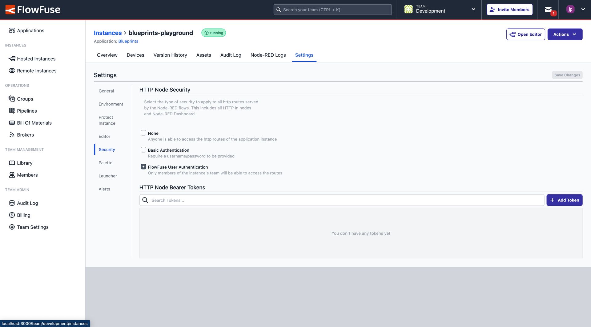 Screenshot of the Instance settings