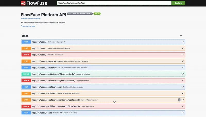 FlowFuse Swagger/OpenAPI documentation interface displaying endpoints for users, Node-RED instances, devices, deployments, and much more.