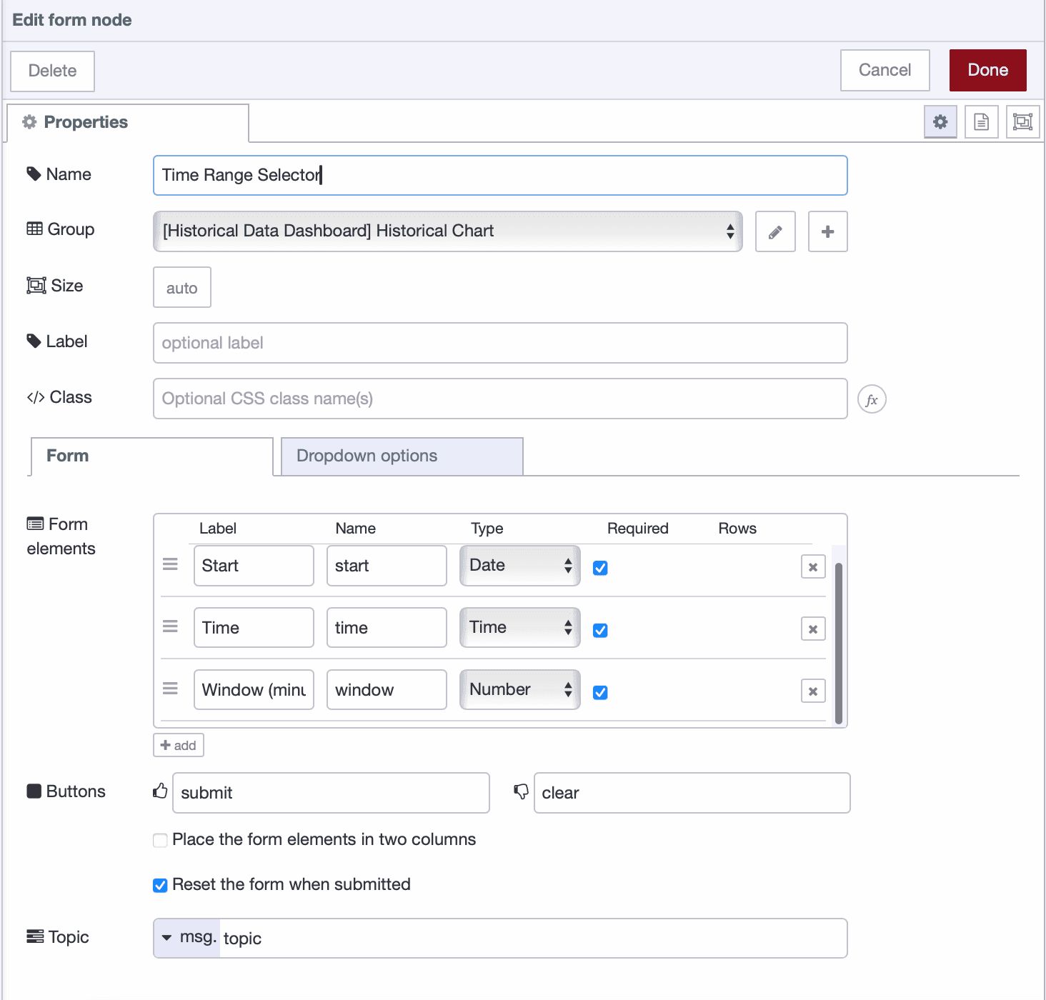 Form widget configuration showing date, time, and window duration fields