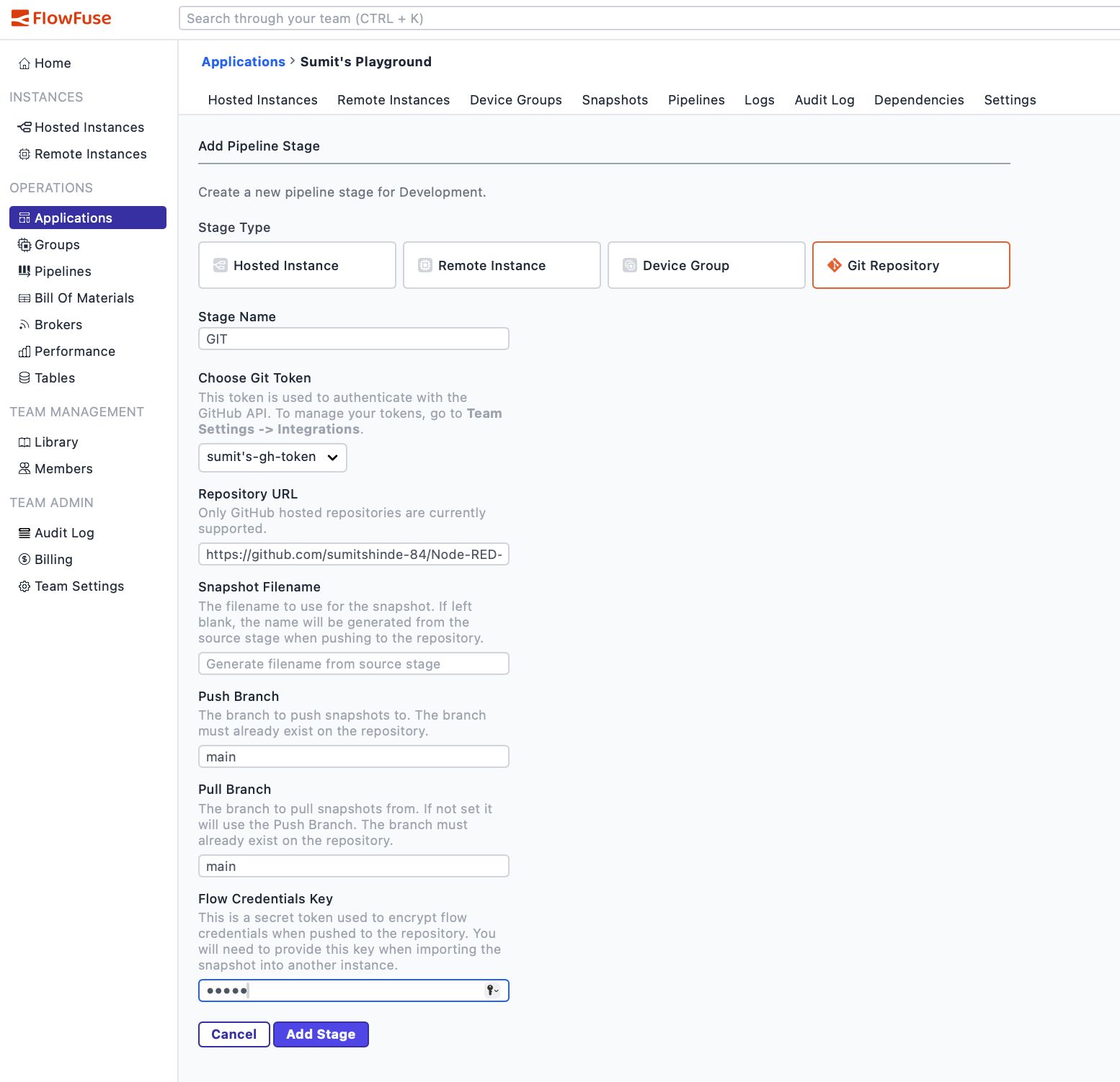 Screenshot showing the Git Repository stage configuration with fields for stage name, token, repository URL, and branch names