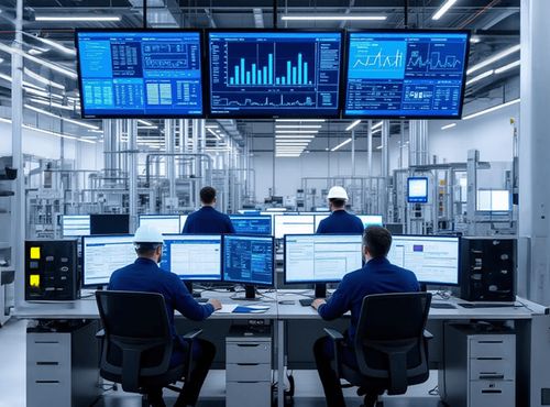 Image of workers on a factory shop floor with desks, computers and dashboards on the screen
