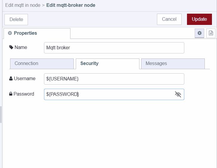 Screenshot of mqtt broker config node's security tab "Screenshot of mqtt broker config node's security tab"