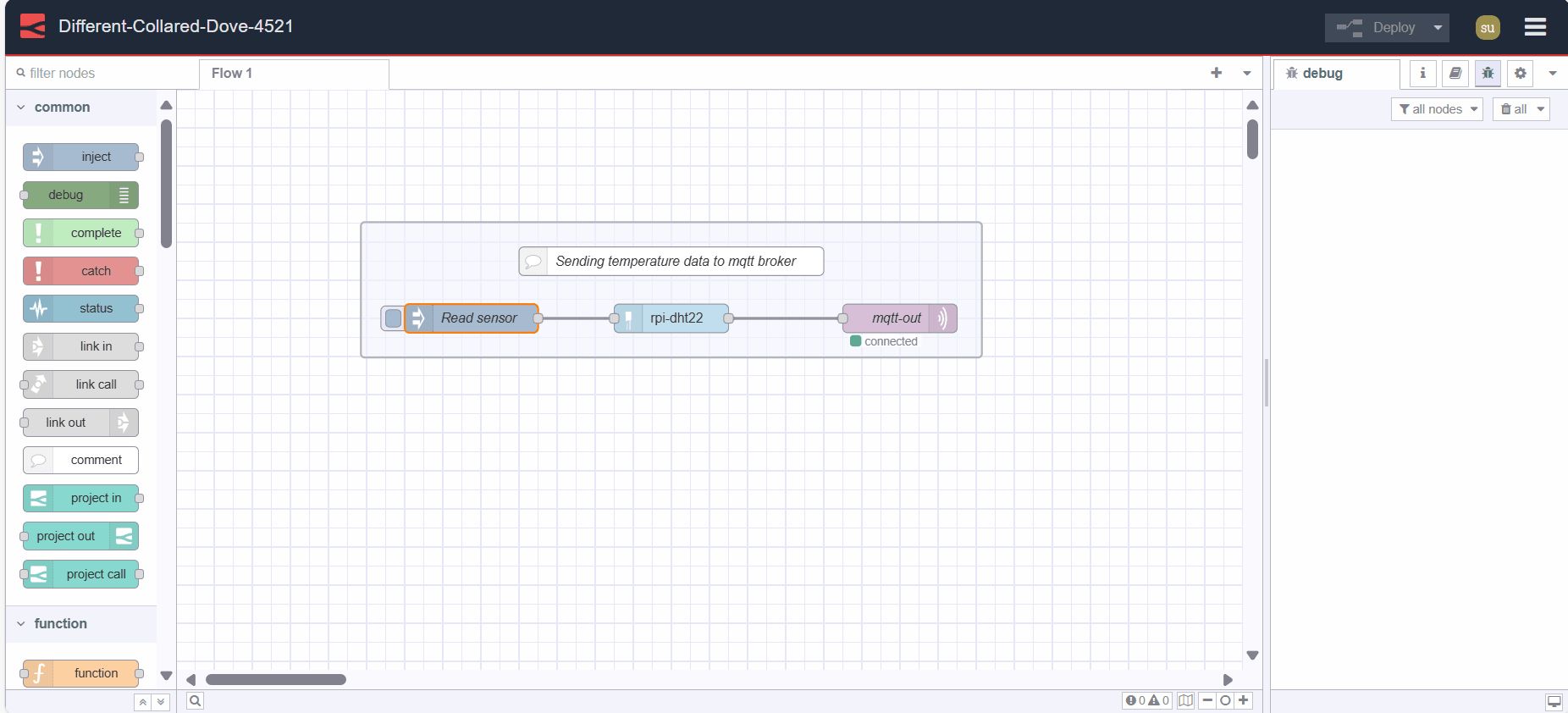 Screenshot of the device editor of a Node-RED instance running on the device ( connected to a temperature sensor ) using the FlowFuse device agent, where we are reading temperature data from the sensor and sending it to an MQTT broker. "Screenshot of the device editor of a Node-RED instance running on the device (connected to a temperature sensor) using the FlowFuse device agent, where we are reading temperature data from the sensor and sending it to an MQTT broker."