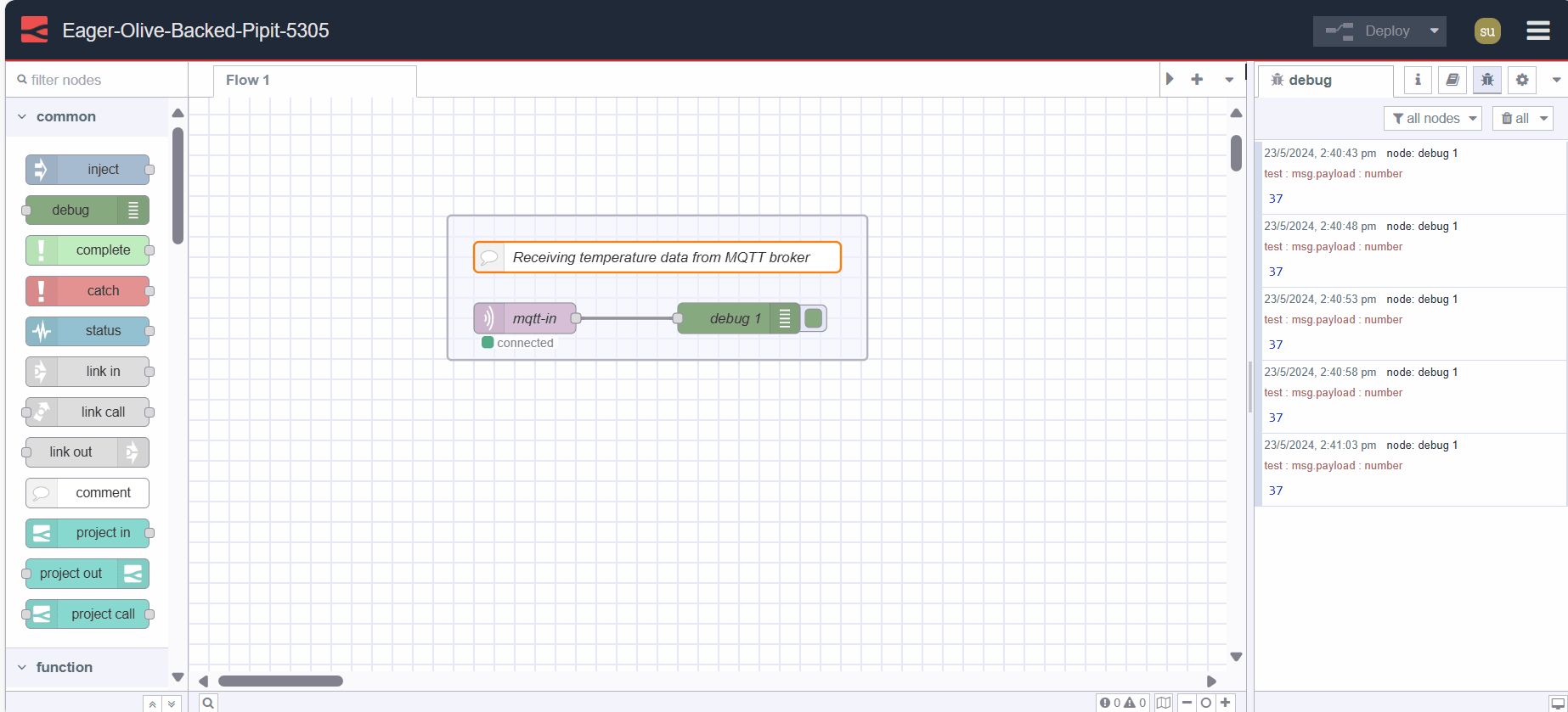Screenshot of sencod Node-RED instance editor in which temperature data is receving from mqtt broker "Screenshot of sencod Node-RED instance editor in which temperature data is receving from mqtt broker"