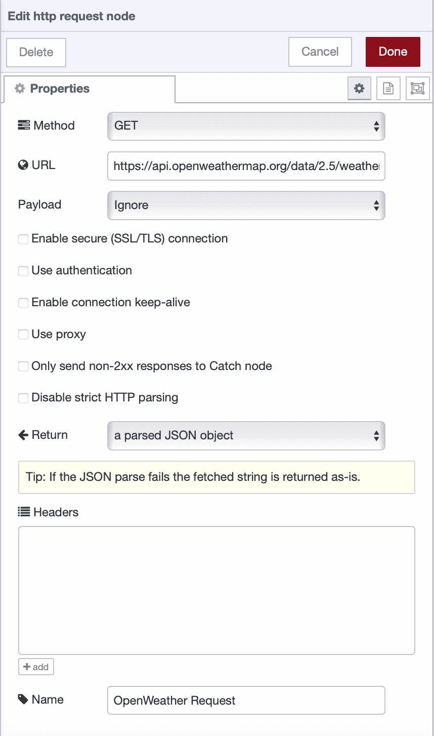 HTTP request node configured to fetch weather data from OpenWeatherMap API