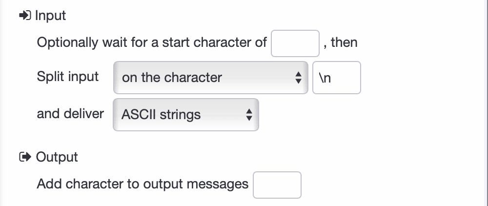Screenshot of input and output settings in the Node-RED serial port node, showing options like delimiter, character count, and timeout.