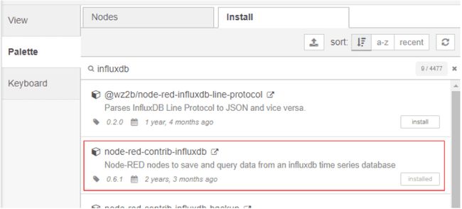Screenshot showing the influxdb node in the manage palette "Screenshot showing the influxdb node in the manage palette"