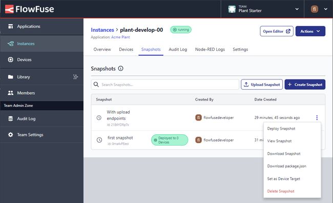 Instance Snapshots Table Menu