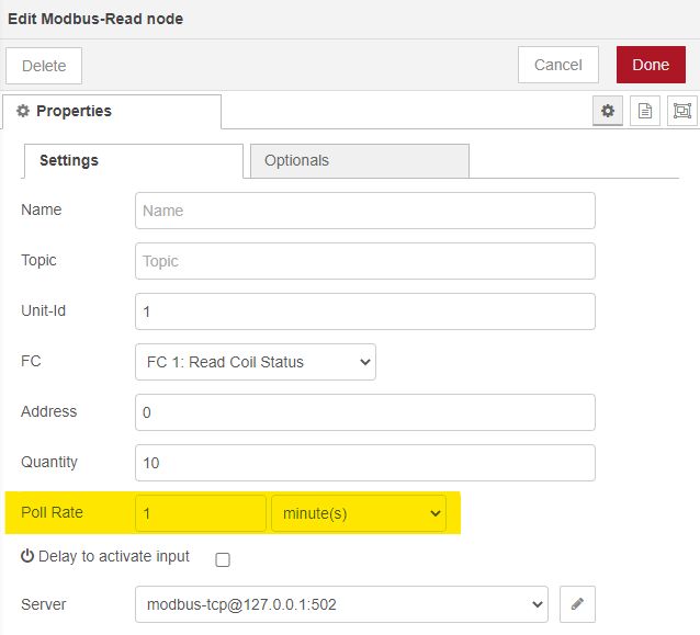 Modbus node configuration