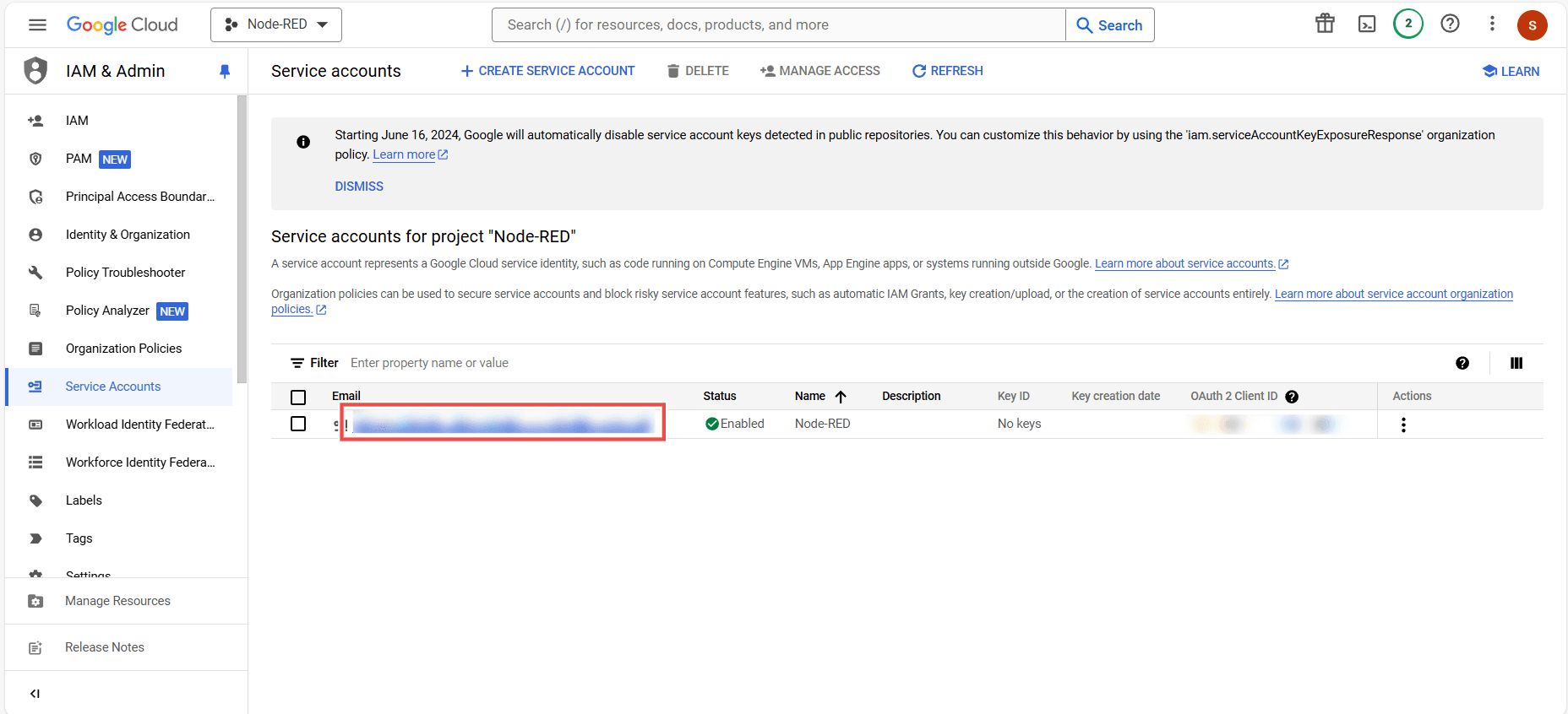 Screenshot showing the created service account email "Screenshot showing the created service account email"