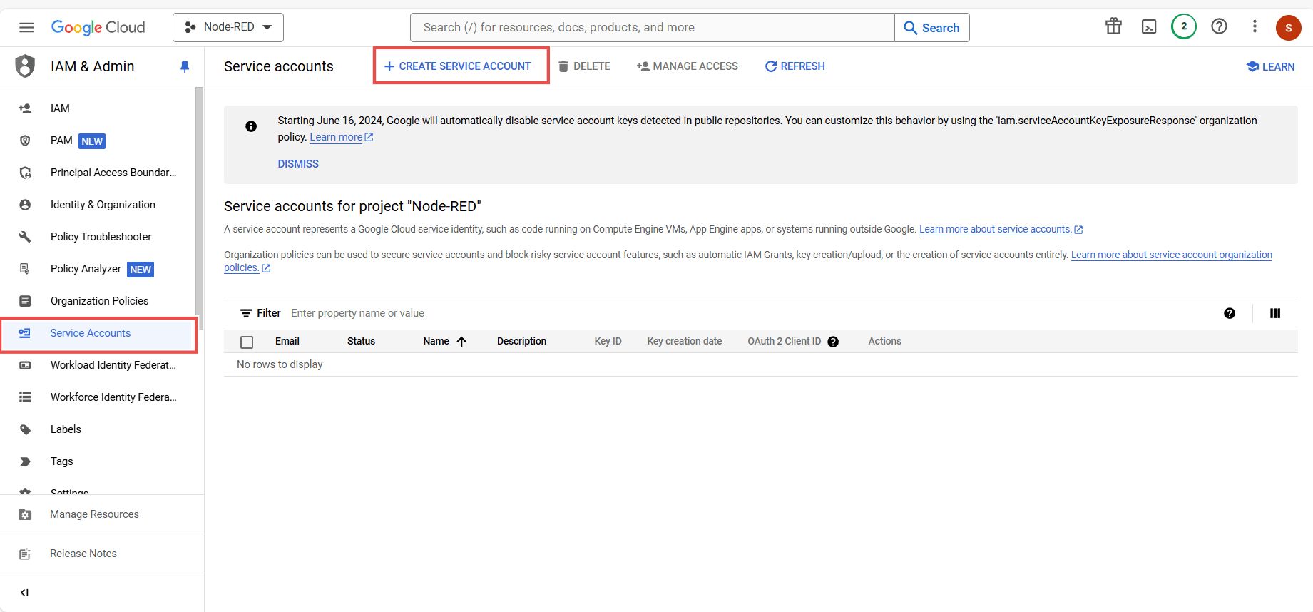 Screenshot showing the 'Create Service Account' option "Screenshot showing the 'Create Service Account' option"