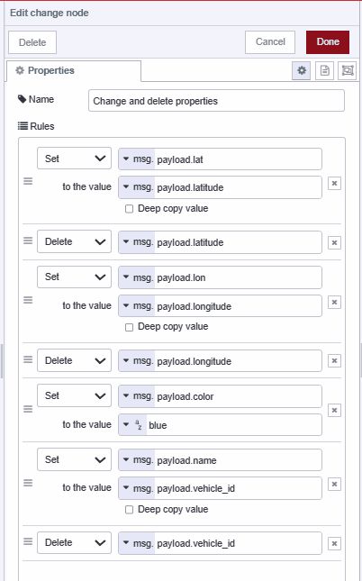 Screenshot of the Change node configuring properties to ensure compatibility with the Worldmap node