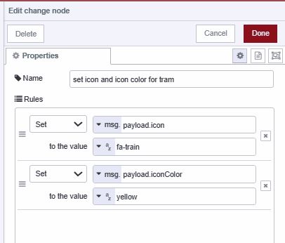 Screenshot of the Change node setting the icon and icon color for tram