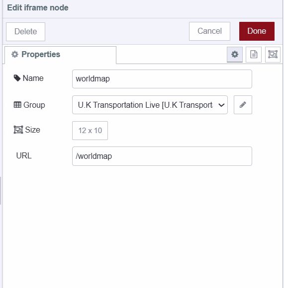 "Screenshot showing configurations of iframe widget for rendering worlmap page on dashboard"