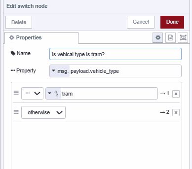 Screenshot of the Switch node checking if the vehicle type is tram or not