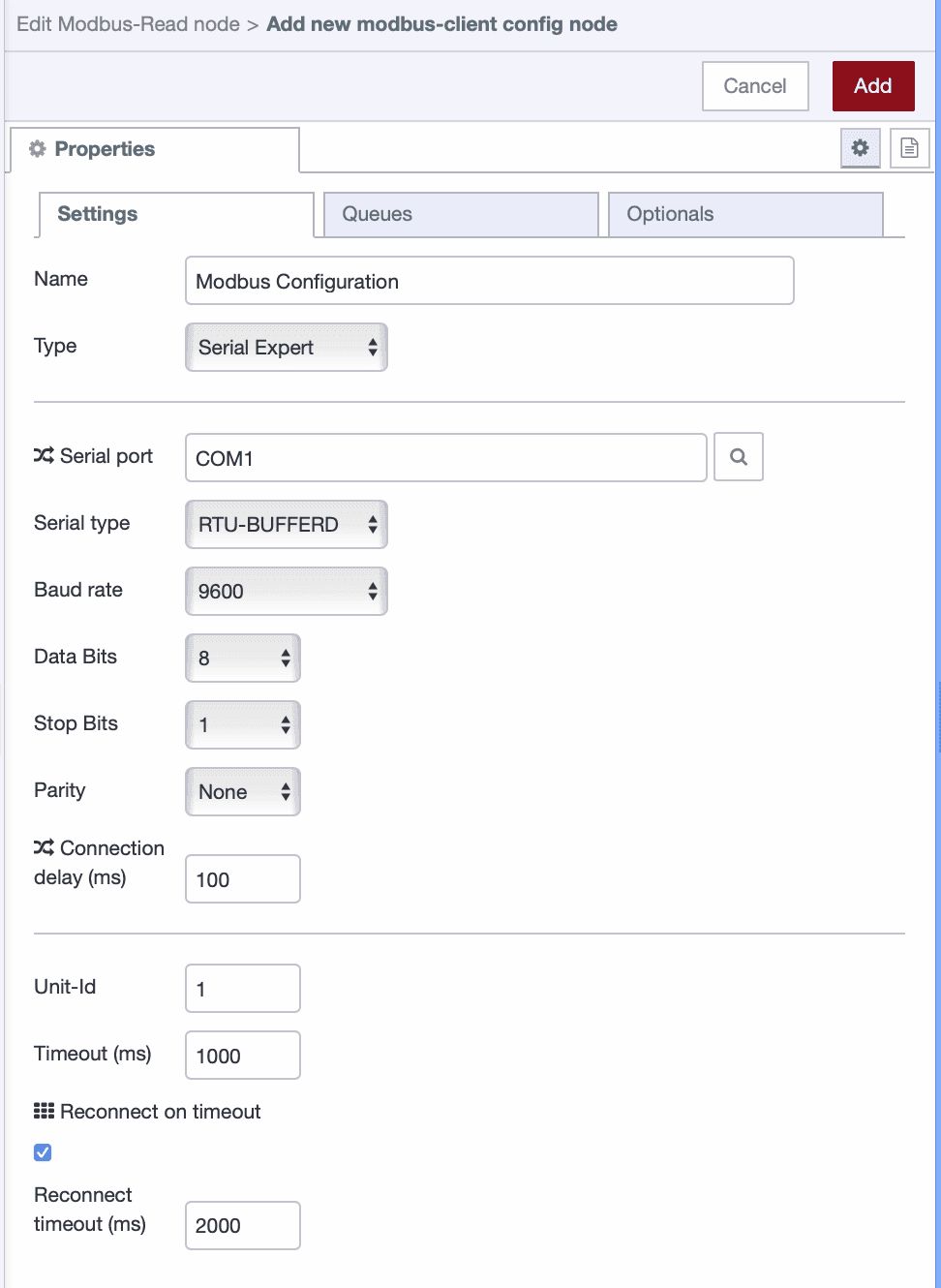 Serial port and communication settings for the Modbus device.