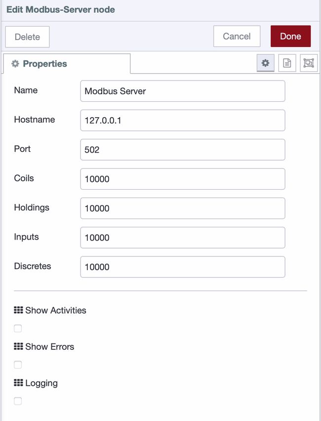 Configuring the Modbus server node