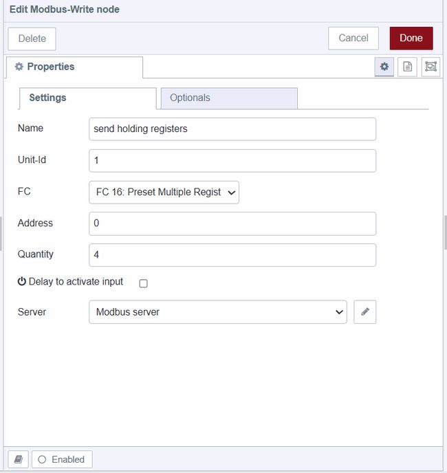 Configuring the Modbus send output coils write node