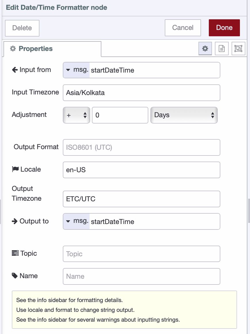 Date/Time Formatter node configuration showing timezone conversion settings