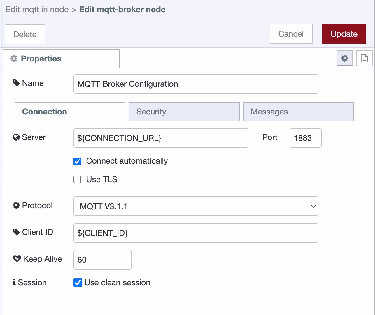 MQTT broker connection configuration screen showing server address, port, and protocol settings