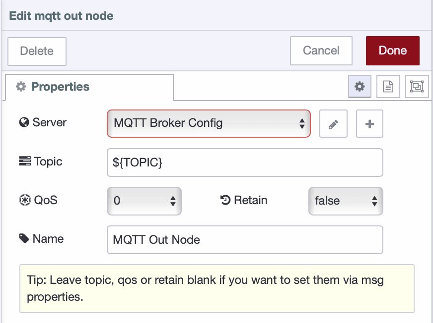 Configuring the MQTT topic in Node-RED using environment variables.
