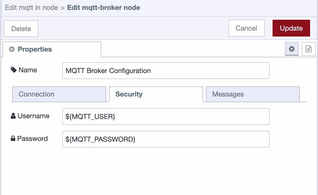 MQTT broker security configuration showing username and password fields