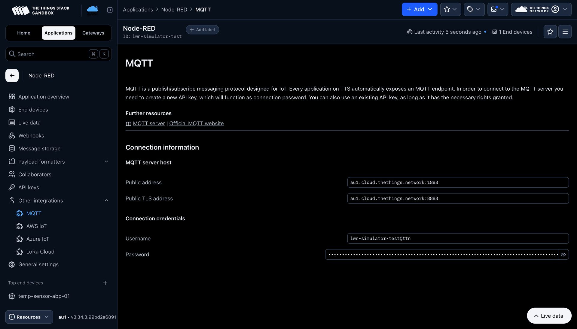 Screenshot of TTN console showing MQTT integration details including server address, port, username, and API key
