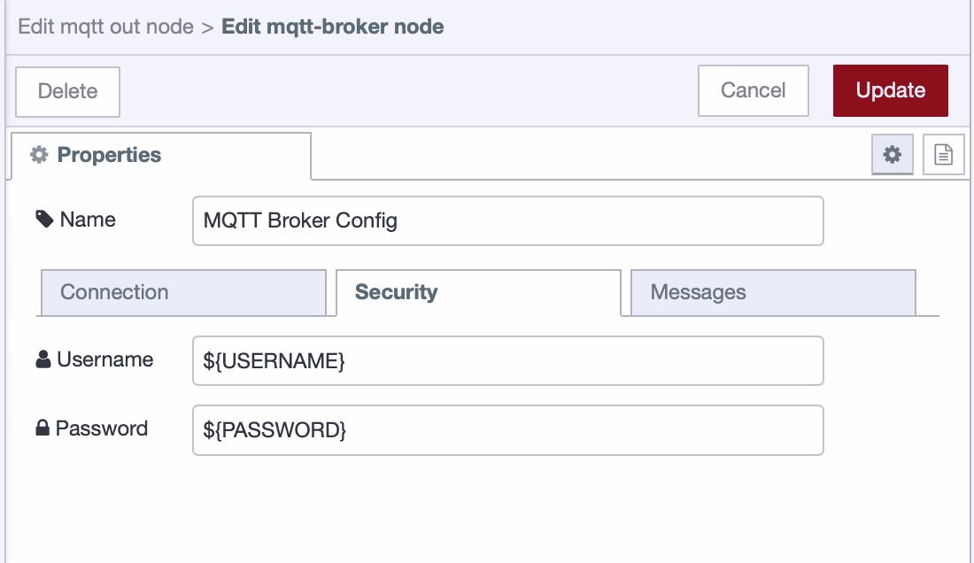 Configuring MQTT node security settings using environment variables in Node-RED.