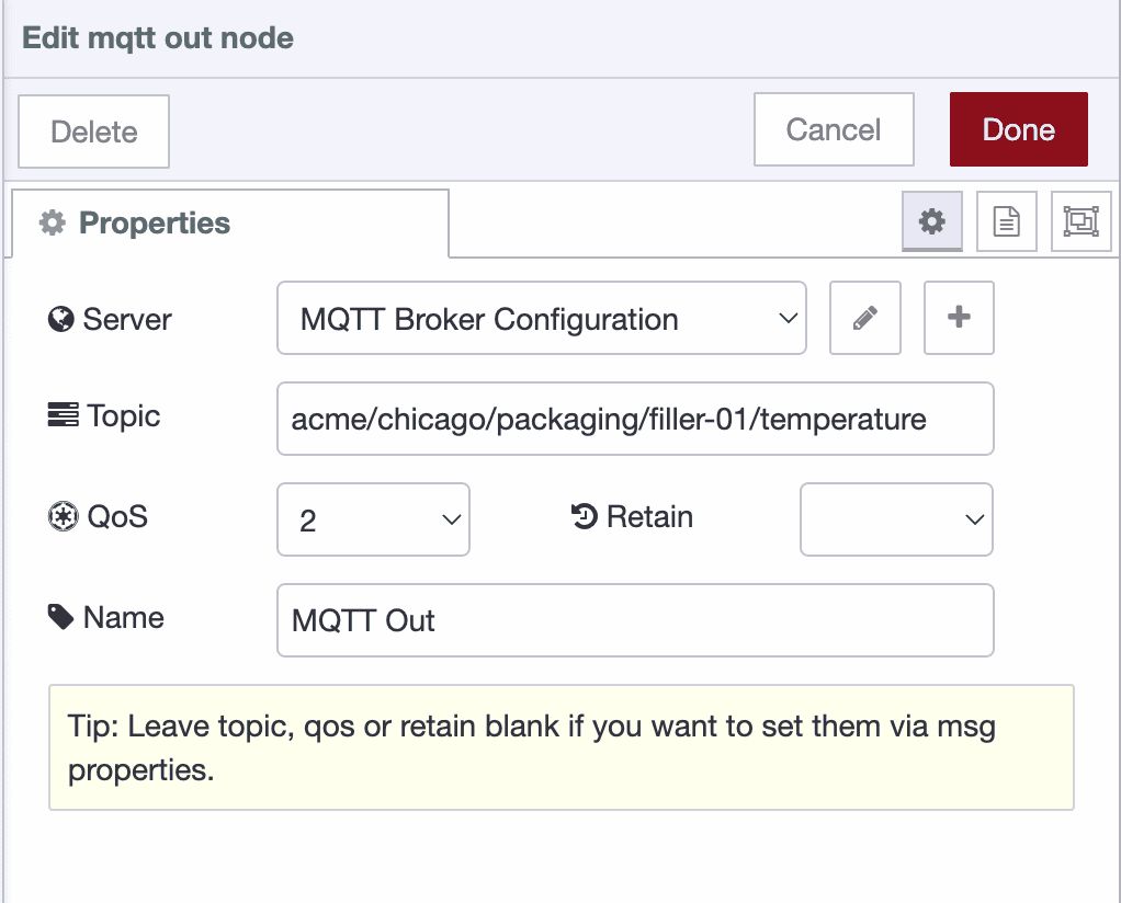 MQTT-out node configuration panel settings