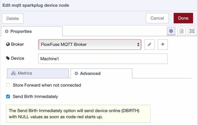 Screenshot showing the Sparkplug Device node configuration and the 'Add' button for defining metrics Screenshot showing the Sparkplug Device node configuration and the "Add" button for defining metrics
