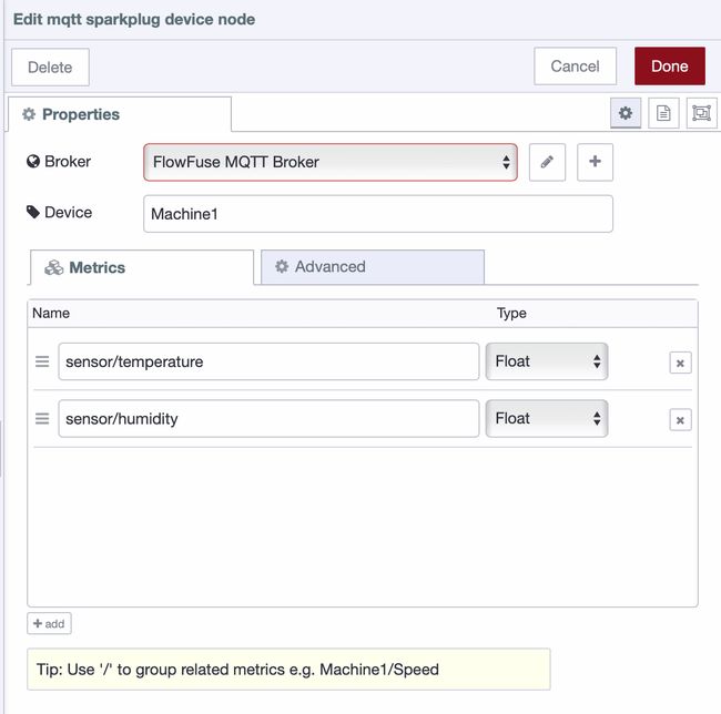 Screenshot showing the Sparkplug Device node configuration and the 'Add' button for defining metrics Screenshot showing the Sparkplug Device node configuration and the "Add" button for defining metrics