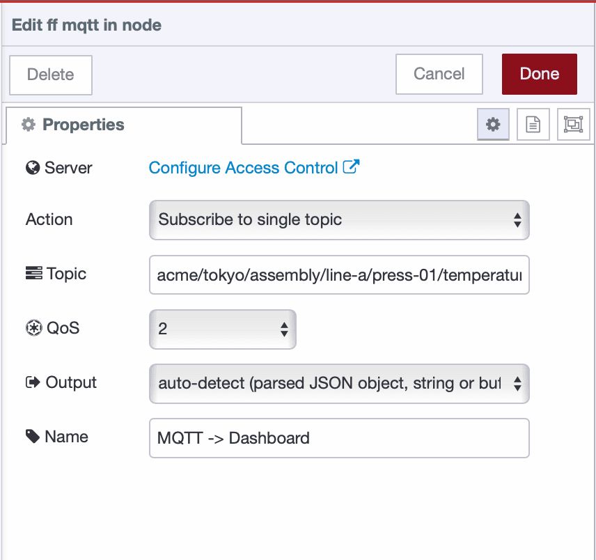 Configuring the MQTT Out node