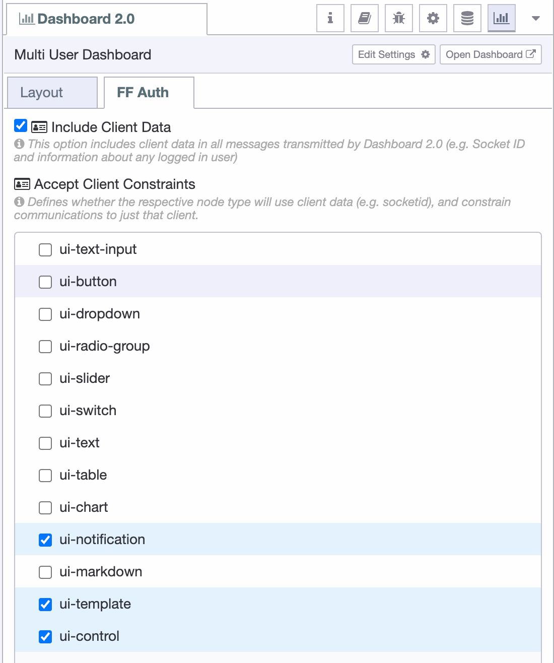 The new 'FF Auth' options available in Node-RED to allow for client constraints