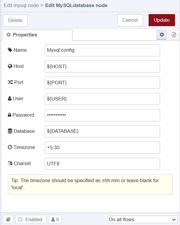 Screenshot of MySQL node property dialog with the environment variables added "Screenshot of MySQL node property dialog with the environment variables added"