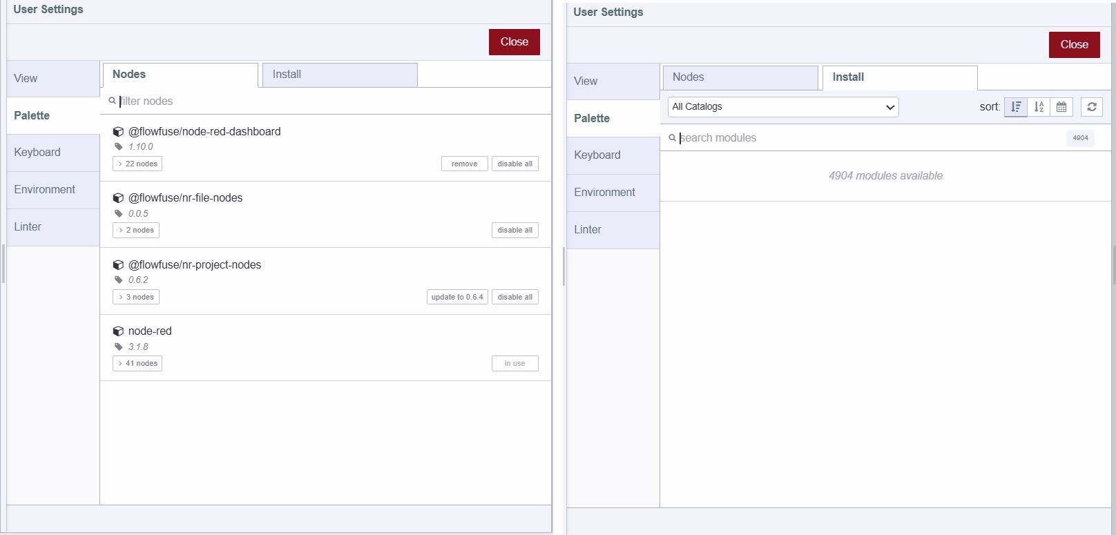 Image displaying Node-RED Palette Manager Image displaying Node-RED Palette Manager