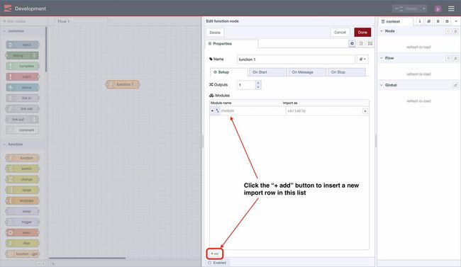 Location of the "add" button in order to import an npm module intoa  function node