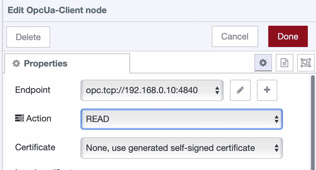 OPC UA Client node configured for reading