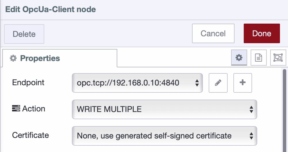 Screenshot showing OPC UA Client node with "WRITE MULTIPLE" action selected