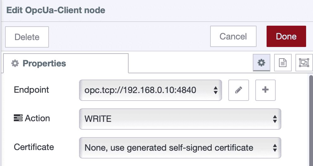 Screenshot showing OPC UA Client node with "WRITE" action selected