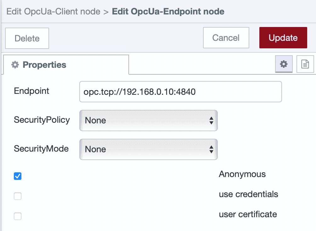 OPC UA endpoint configuration