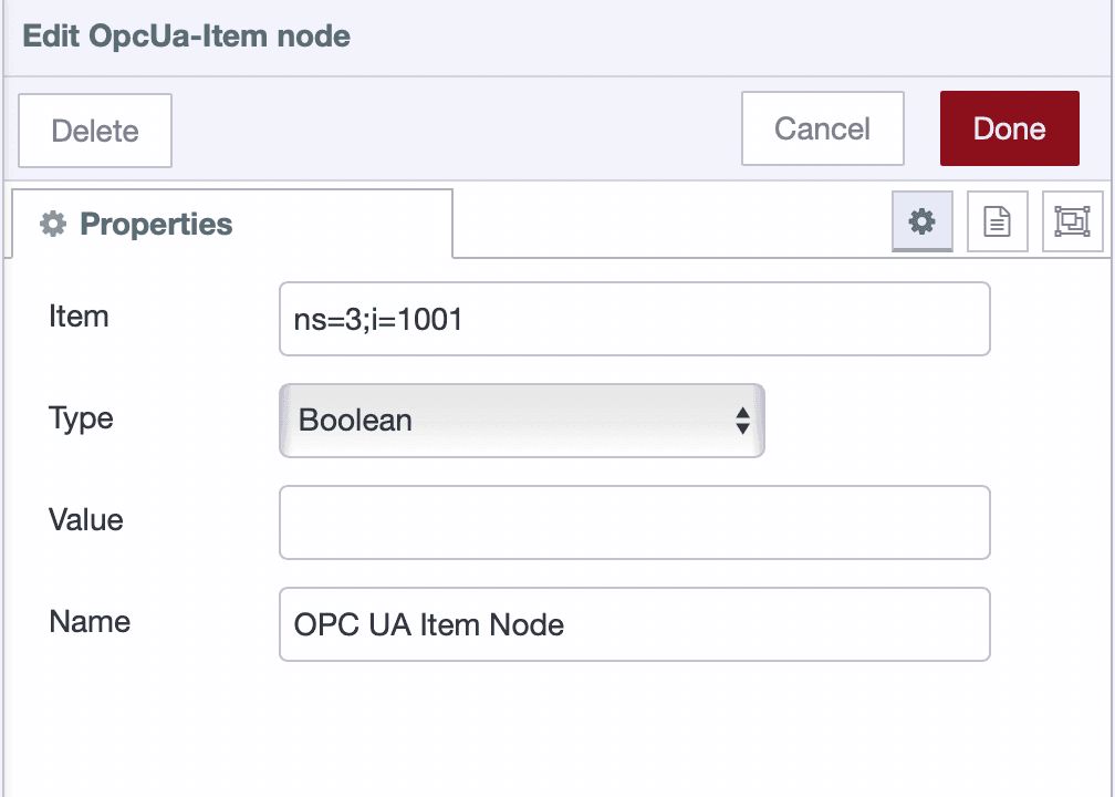 OPC UA Item node configuration