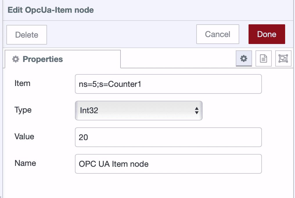 Screenshot showing OPC UA Item node configuration for write operation