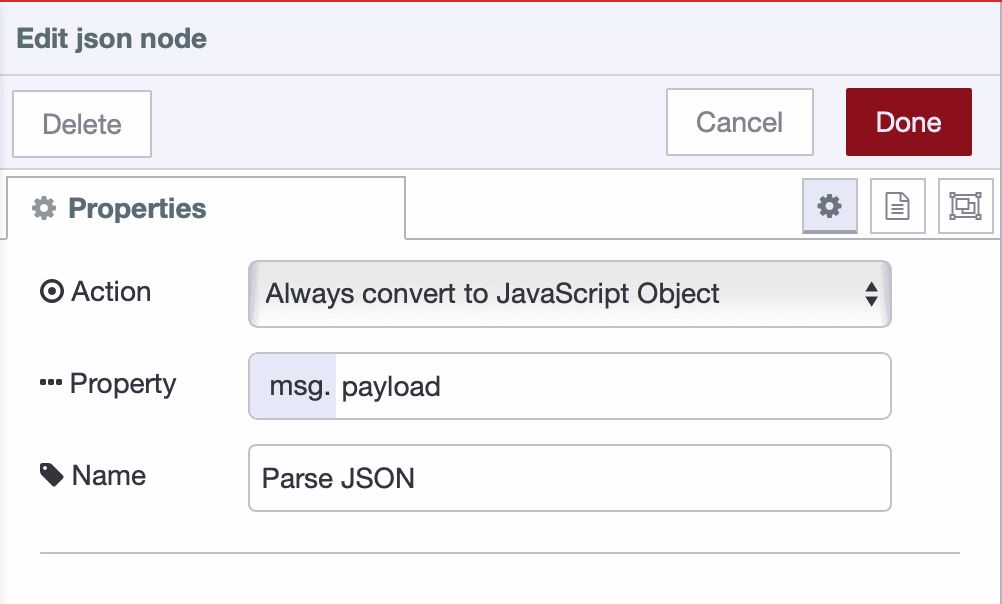 JSON node configured to parse stored JSON string back to object