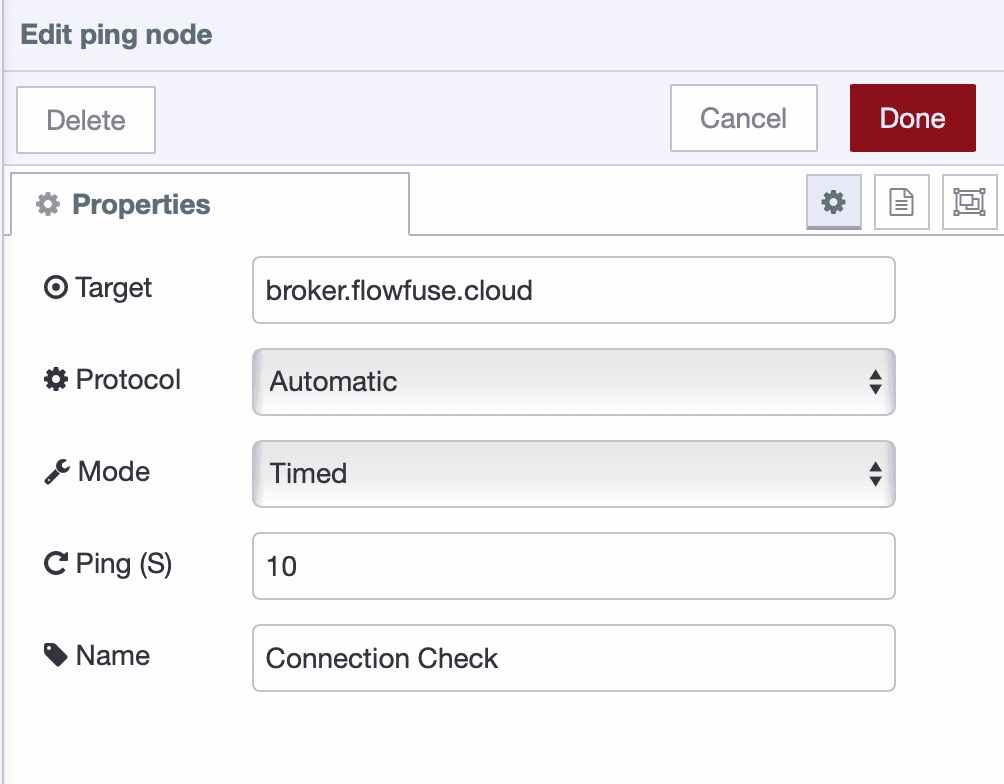 Ping node configured to monitor network connectivity every 30 seconds