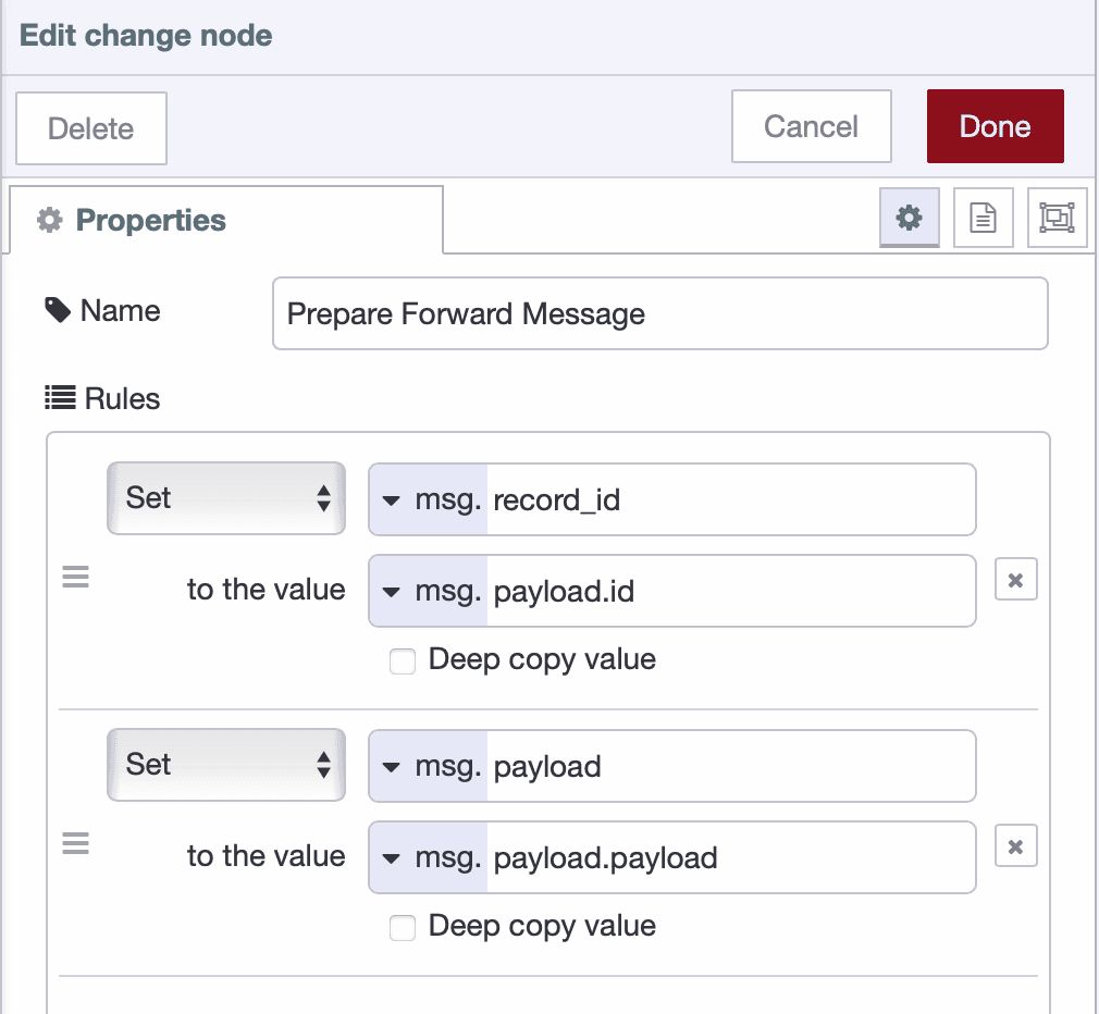 Change node extracting record ID and payload for forwarding