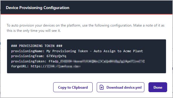 Screenshot of a FlowFuse Remote Instance Provisioning Token