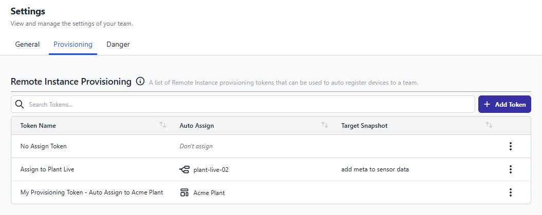 Screenshot of FlowFuse Remote Instance Provisioning Tokens